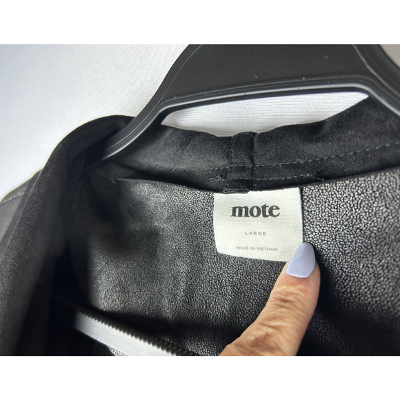 Anthro Mote Faux Leather Jacket Size Large Black Gold Asymmetric Zip Lightweight - Picture 3 of 6